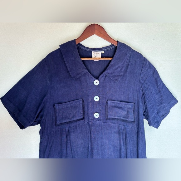 VINTAGE CHRISTINE DAMEN 100%‎ Linen Navy Blue Dress Long Maxi Short Sleeve Beach - Picture 6 of 14